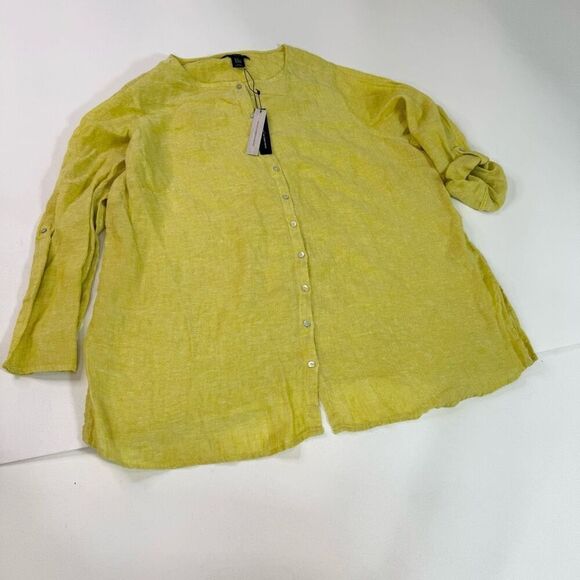 Tahari Top Womens 2x 100% Linen New 3/4 Roll Sleeve Yellow Button Down Shirt - Picture 1 of 11